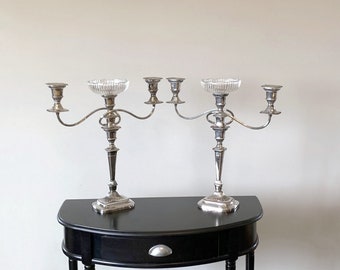 Antique Silver on Copper candelabras, Ellis Barker England, convertible w/ glass bobeches, early 1900's