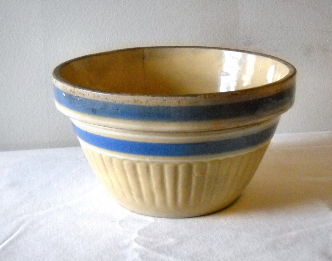 Yellow Ware Bowl Blue White Stripes Antique Etsy