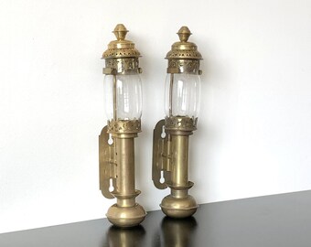 Antique brass & glass train candle wall sconces, vintage railway carriage lamp lantern candlestick holders