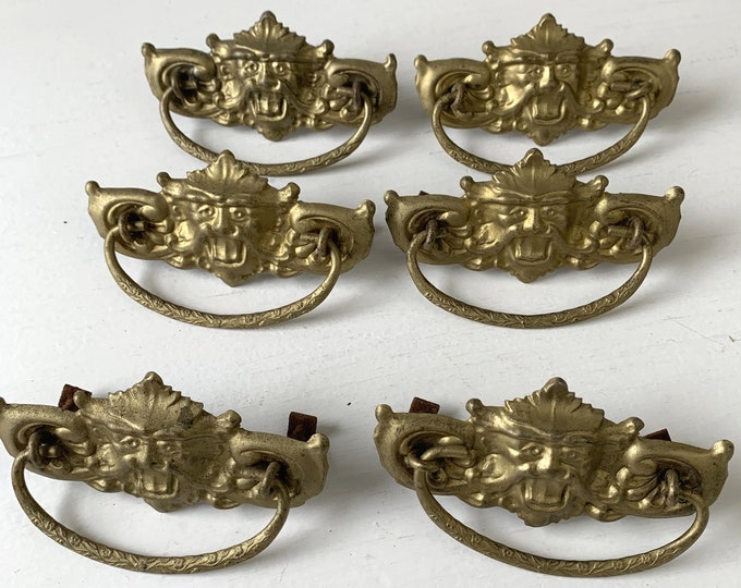 Tin Gargoyle Drawer Pulls Set of 6 Vintage Gold Painted North Wind