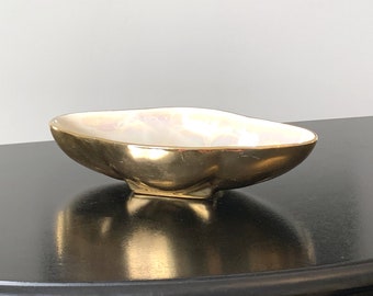 Warranted 22 K Gold iridescent leaf shaped relish tray, vintage catch all, candy bowl, nut dish