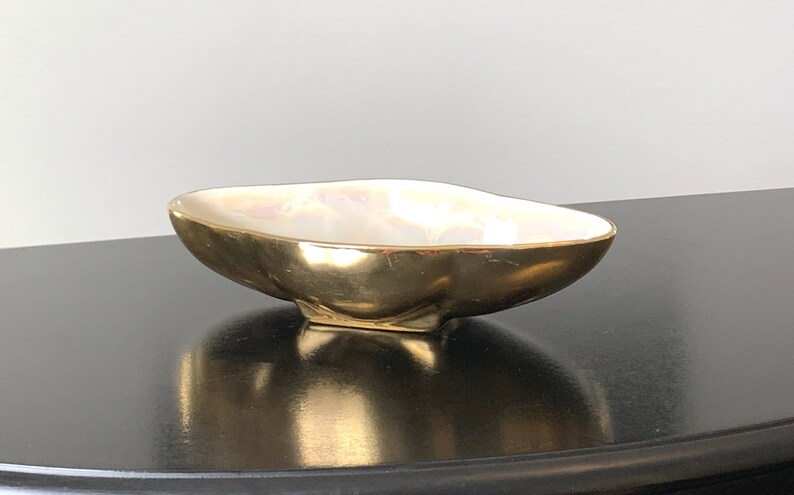 Warranted 22 K Gold iridescent leaf shaped relish tray, vintage catch all, candy bowl, nut dish image 1