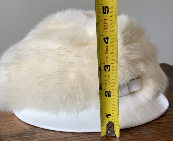 Mod white rabbit fur cap w/ leather brim in box, … - image 3