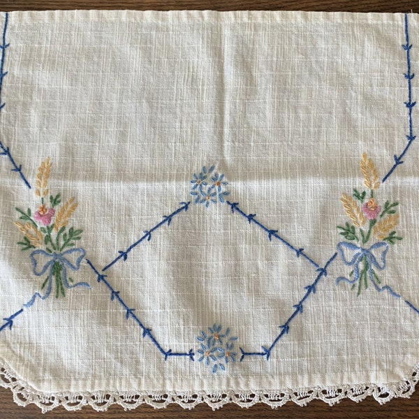 Embroidered linen doily, blue yellow pink flowers & lace edge