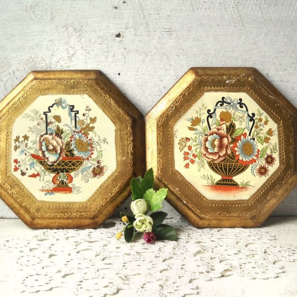 ON HOLD 2 Vintage Florentine Tole Wall Plaques Gilt Wood Italy Flowers Octagon