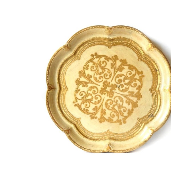 Vintage Florentine Tole Tray, Large Serving, Gold, Cream, Signed Italy