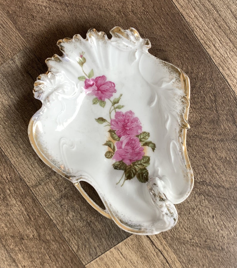 Decorative porcelain trinket dish with pink roses image 2