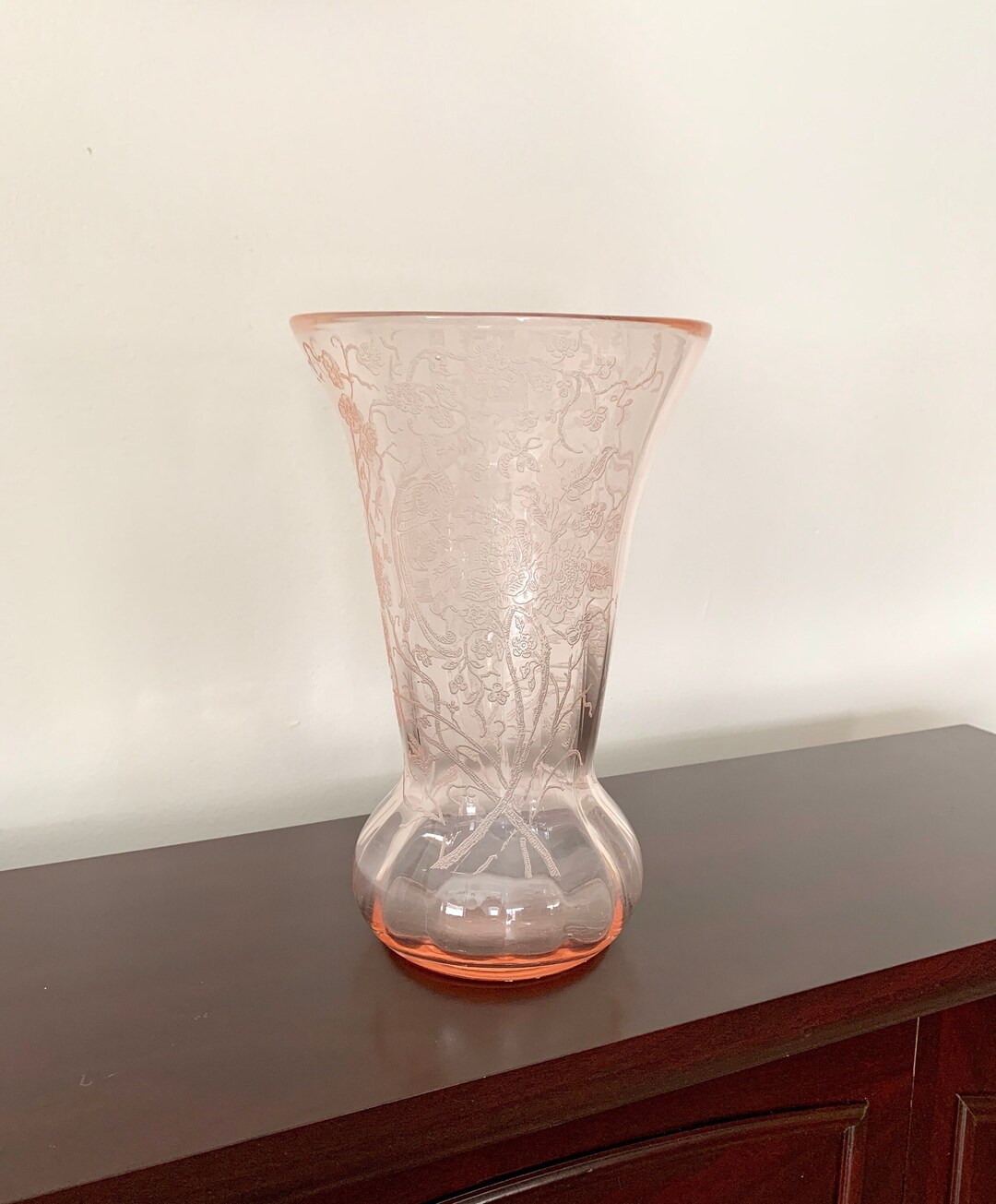 Pink Depression Glass Peacock & Wild Rose Vase by Paden City Etsy