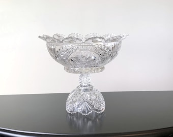 Hofbauer Crystal Byrdes round compote 1985, large press cut glass birds pedestal bowl, vintage collectible kitchen glassware