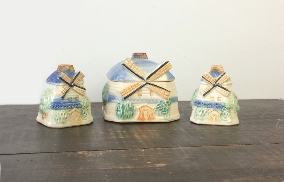 Ceramic Windmill Salt Pepper Shaker & Sugar Bowl Set Vintage Etsy