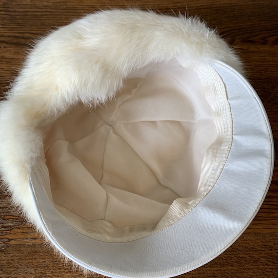 Mod white rabbit fur cap w/ leather brim in box, … - image 8