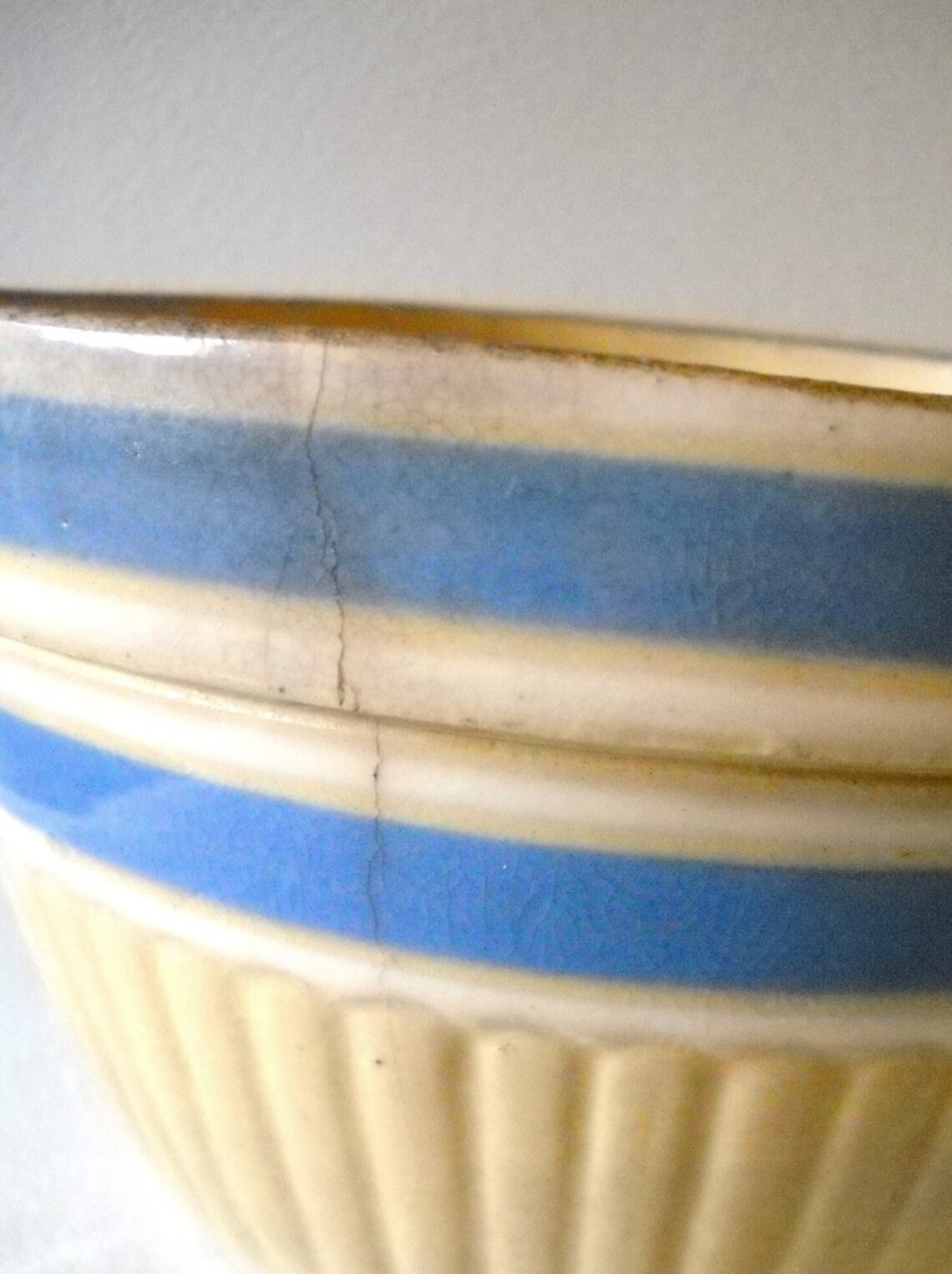 Yellow Ware Bowl Blue White Stripes Antique Etsy