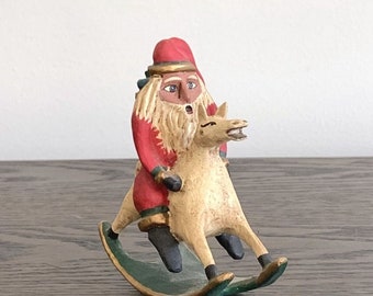 1994 Jauquet Roman Inc Santa on Rocking Horse, Prim Folk Art Christmas Decor