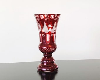 Egermann ruby red cut to clear glass vase, 8" vintage Czechoslovakian crystal, Bohemian glassware