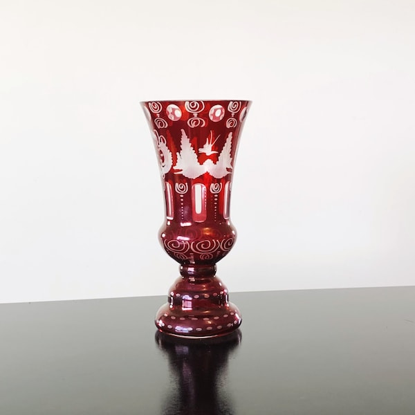 Egermann ruby red cut to clear glass vase, 8" vintage Czechoslovakian crystal, Bohemian glassware