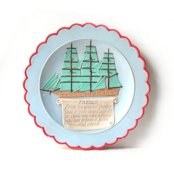 Fathers Day Plate, Vintage Ceramic Sailboat Plaque, Nautical Display