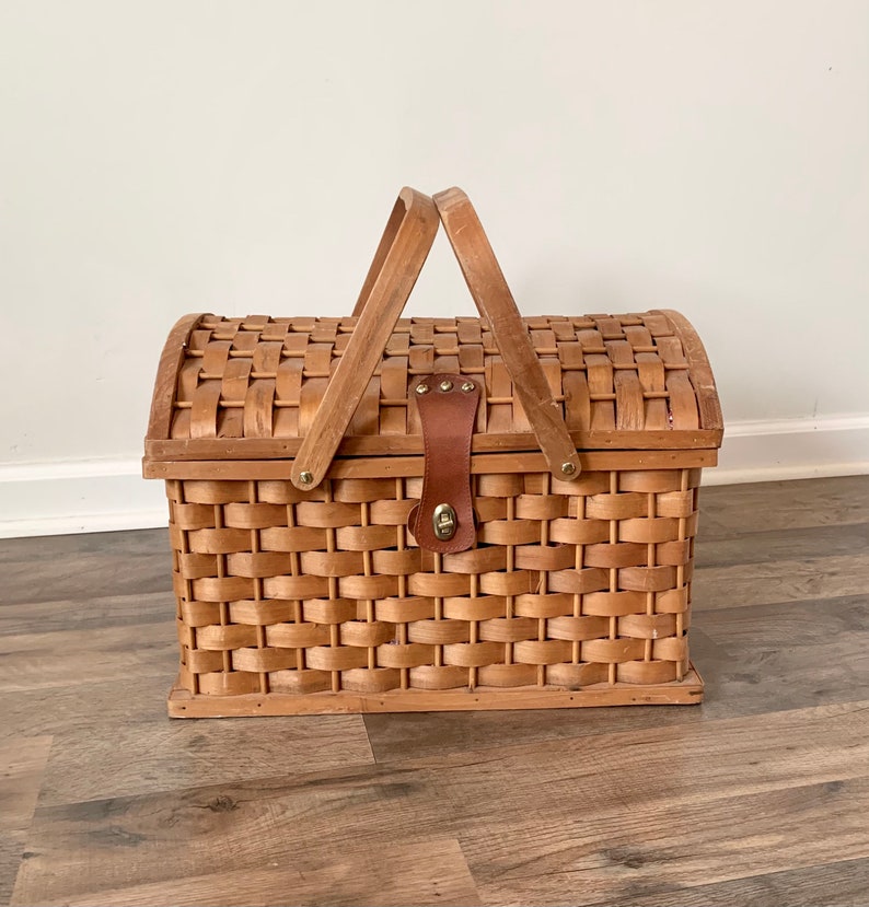 Woven Wood Picnic Basket Large Dome Trunk Style Etsy