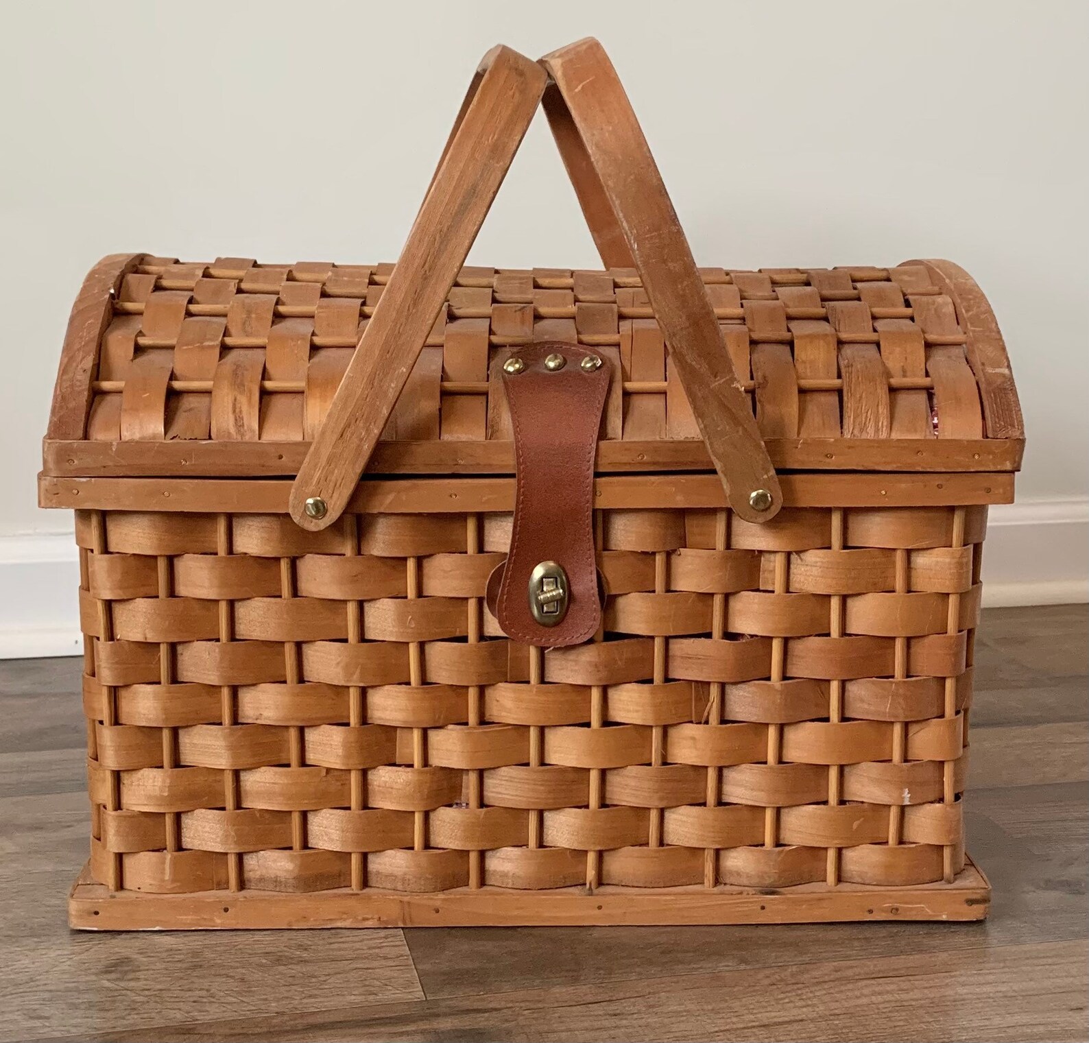 Woven Wood Picnic Basket Large Dome Trunk Style Etsy