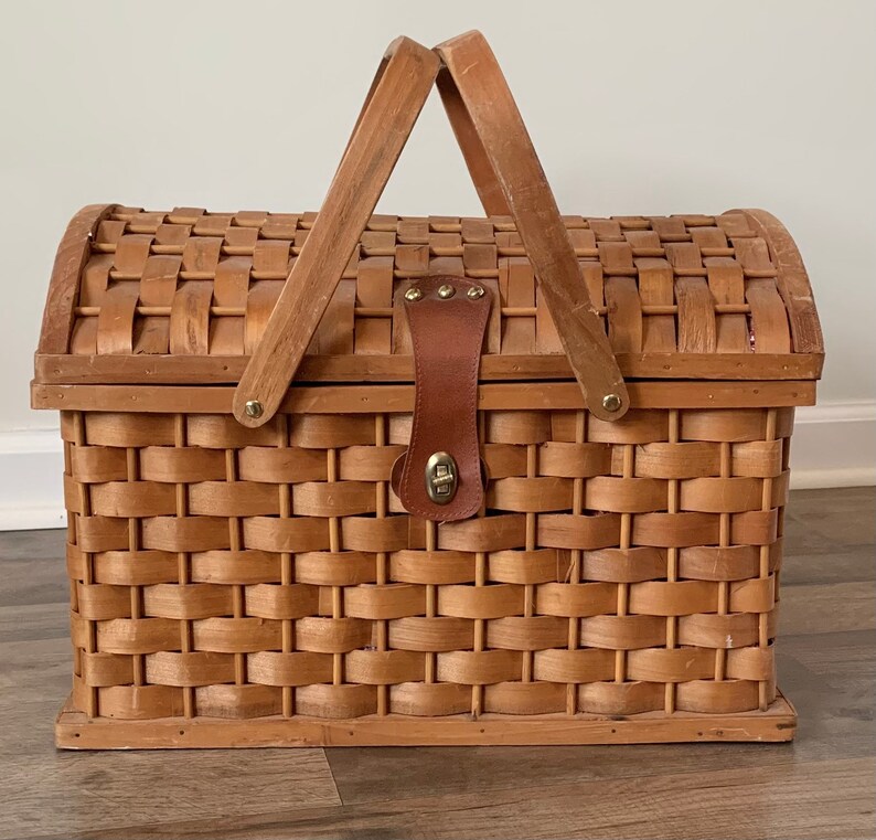Woven Wood Picnic Basket Large Dome Trunk Style Etsy
