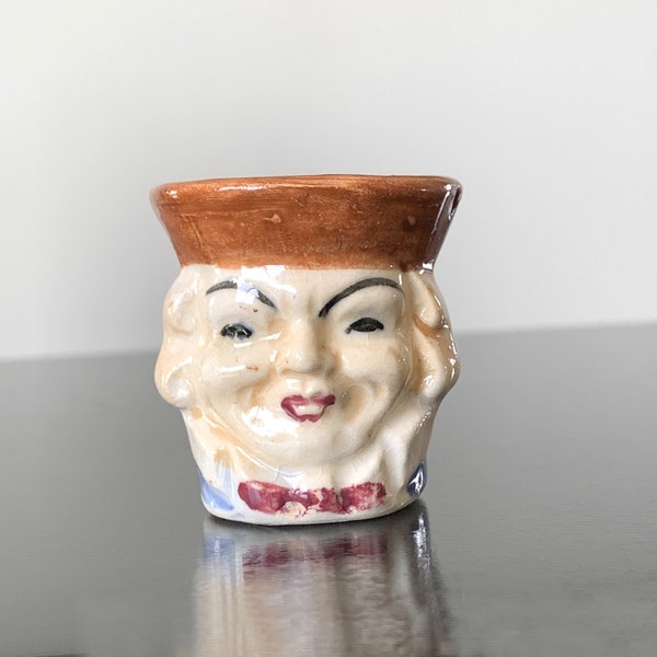 Miniature character Toby mug 1 3/4" vintage pottery jug or shot glass, shadowbox shelf decor