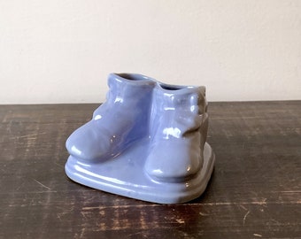 USA Pottery blue baby boy shoes planter vase