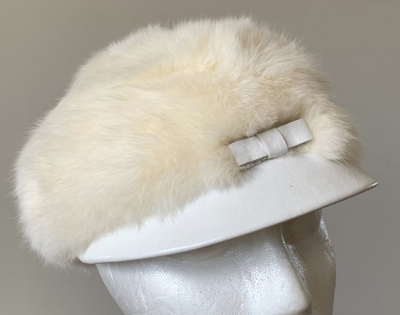Mod white rabbit fur cap w/ leather brim in box, … - image 5