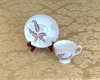 Mayfair bone china teacup & saucer, red fern pattern, vintage tea cup, made in England