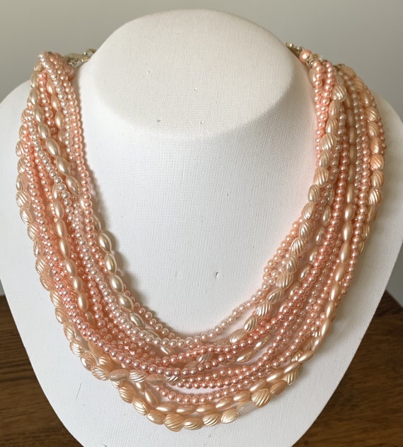 Pink & peach beaded multi-strand necklace, Japan - image 2