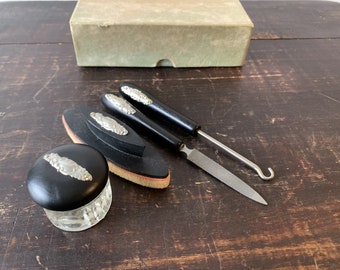 Ebony wood & silver metal vanity set, 4 pcs, Edwardian