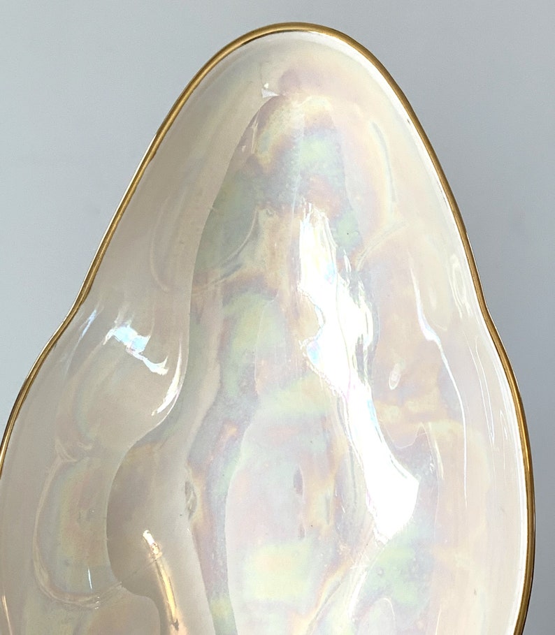 Warranted 22 K Gold iridescent leaf shaped relish tray, vintage catch all, candy bowl, nut dish image 3