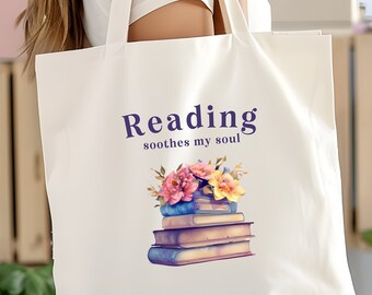 Book Canvas Tote Bag, Floral Book Stack Bag, Book Lover Tote, Book Lover Gift, Reading Lover Tote, Reader Gift, Reading Tote Bag