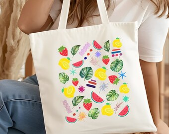Summer Fruit and Tropical Leaves Canvas Tote Bag, Fruit and Leaves Tote, Women's Gift Tote, Summer Tote, Aesthetic Tote, Fruit Lover Tote