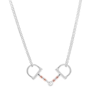 Può includere: Una collana color argento con un ciondolo a forma di morso da cavallo come elemento centrale. Il ciondolo è realizzato con una combinazione di accenti in argento lucido e color oro rosa sul bocchino. La catena è in stile a maglie sottili.
