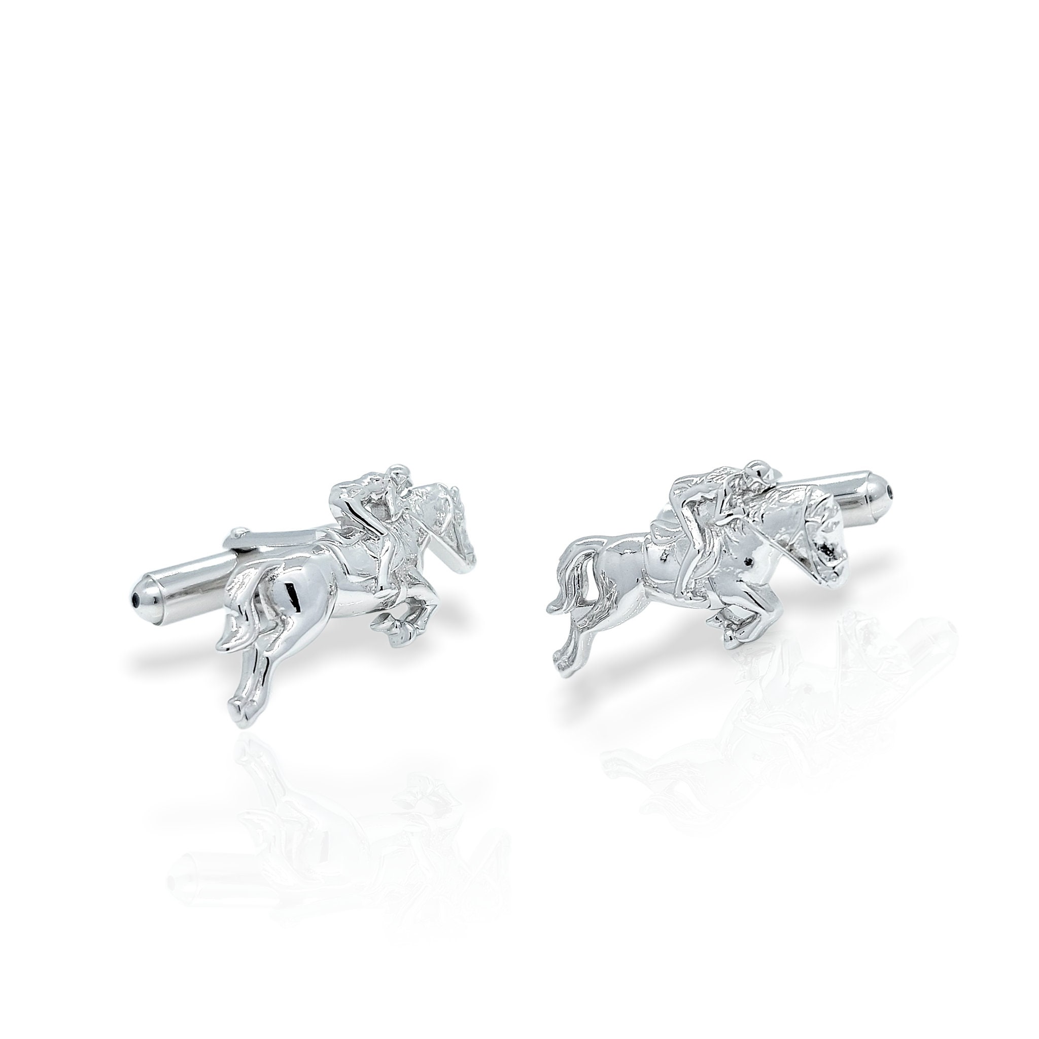 Boutons De Manchettes Acier - Motif Jumping Hippisme Cavalier Cheval - Occasion Bel État