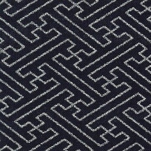 May include: A dark blue fabric with a silver geometric pattern. The pattern is made up of repeating interlocking shapes that resemble the letter "H".