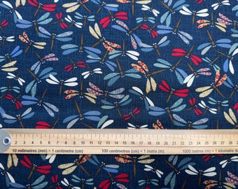 Japanese Cotton Fabric with Colourful Dragonfly Pattern on Blue Background