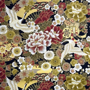 Japanese Cotton Fabric with Gold Floral Red-Crowned Crane Pattern on Black Background