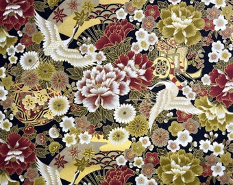 Tela de algodón japonesa con estampado floral dorado de grulla de corona roja sobre fondo negro