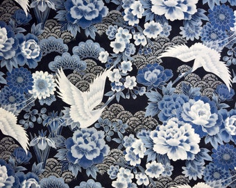Japanese Cotton Fabric: Blue Floral & Crane Design with Silver Accents