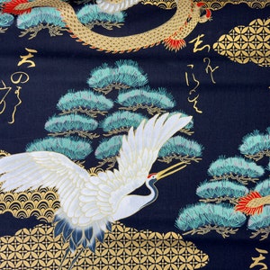 Japanese Cotton Fabric with Dragons, Cranes, Pine Trees, and Gold Seigaiha Pattern on Black Background