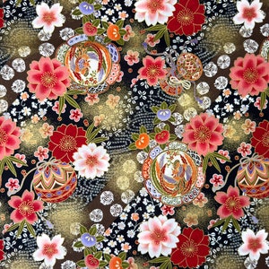 Japanese Cotton Fabric - Phoenix and Sakura Design with Gold Accents on Black - Perfect for Quilting, Sewing and Crafts