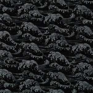 May include: A black fabric with a repeating pattern of white stylised waves. The waves are arranged in rows and are slightly overlapping.