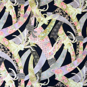 Japanese Cotton Fabric - Noshi Pattern with Phoenix and Gold Accents on Dark Background - Perfect for Quilting, Sewing, and Crafts