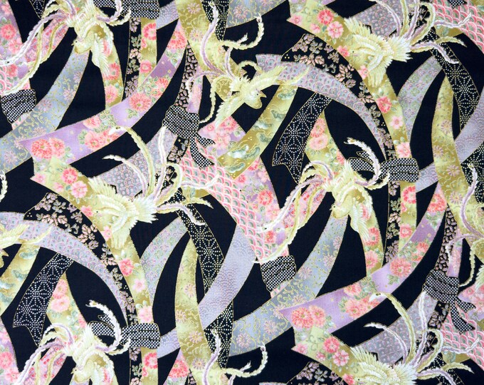 Japanese Cotton Fabric: Noshi Phoenix Pattern With Gold Accents - Etsy