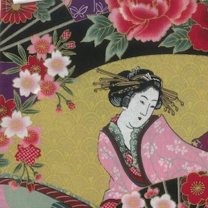 Japanese Cotton Fabric: Geisha Floral Pattern on Gold