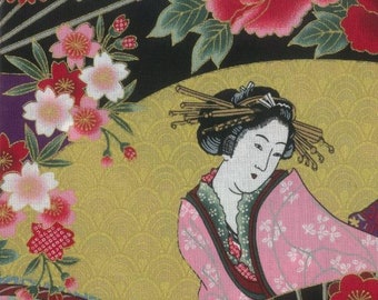 Japanischer Baumwollstoff: Geisha Blumenmuster auf Gold