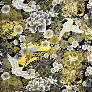 Japanese Cotton Fabric with Gold Floral Red-Crowned Crane Pattern on Black Background