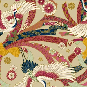 May include: A seamless pattern featuring Japanese cranes with outstretched wings, set against a beige backdrop. The design incorporates flowing ribbons in shades of pink, gold, and navy, adorned with floral and geometric motifs.