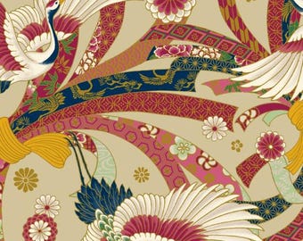 May include: A seamless pattern featuring Japanese cranes with outstretched wings, set against a beige backdrop. The design incorporates flowing ribbons in shades of pink, gold, and navy, adorned with floral and geometric motifs.