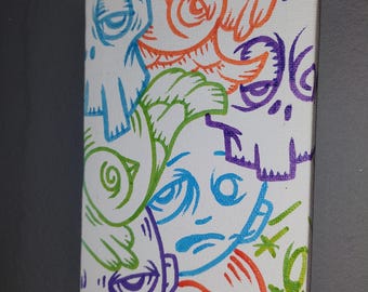JOS-L Original Abstract Mini Canvas Painting: Bird Skull Surreal Art 4"x6" Pop Graffiti Street